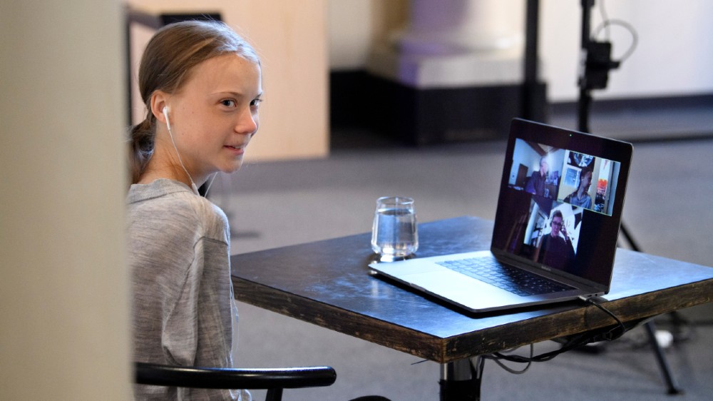 Environmental activist Greta Thunberg participates in a video conversation during the coronavirus pandemic [Reuters]