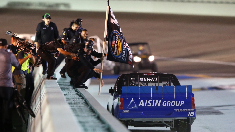 NASCAR Camping World Truck Series driver Brett Moffitt celebrates after clinching the 2018 truck series championship and winning the Ford EcoBoost 200 at Homestead-Miami Speedway