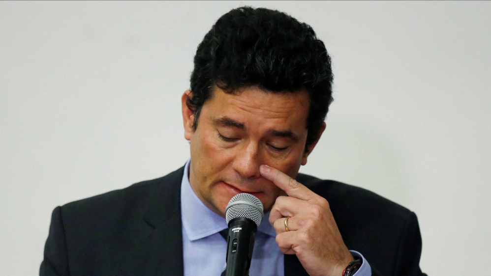 Brazil’s Justice Minister Sergio Moro speaking during a news conference in Brasilia, Brazil