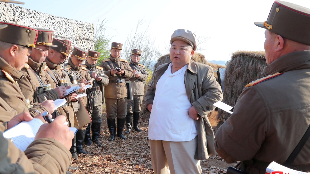 North Korean leader Kim Jong Un guides a drill of mortar sub-units of North Korean Army in this image released by North Korea’s Korean Central News Agency on April 10, 2020
