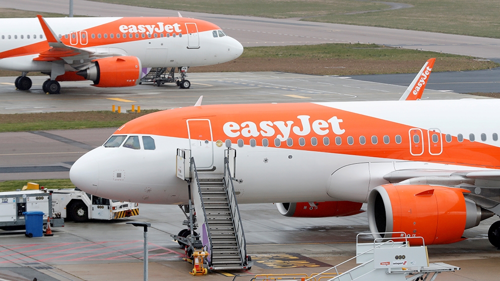 Easyjet planes on the ground at Luton airport after the airline grounded its entire fleet in late March