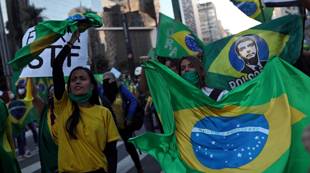 Supporters of far-right Brazilian President Jair Bolsonaro taking part in a protest against social distancing and quarantine measures, recommended by Sao Paulo’s governor Joao Doria