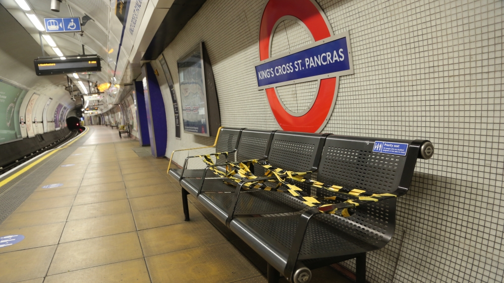 Benches blocked with tape in an metro station to enforce distancing as a precaution against COVID-19 in London [Anadolu]
