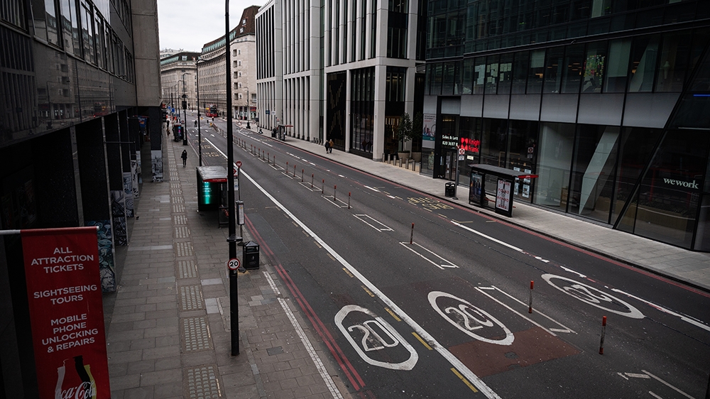 The empty streets around Waterloo station are seen on April 01, 2020 in London, United Kingdom