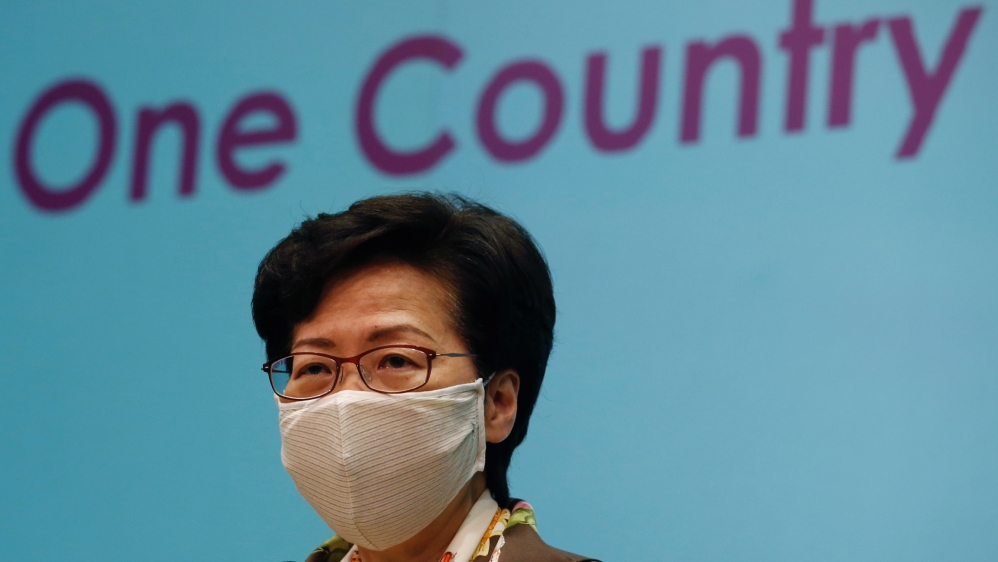 Hong Kong Chief Executive Carrie Lam, wearing a mask due to the ongoing global outbreak of the coronavirus (COVID-19), speaks during a news conference