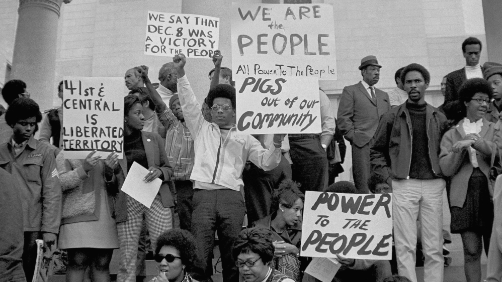 Demonstrators gathered on the steps of the Los Angeles City Hall on December 11, 1969, protesting against what Black groups called “an obvious national pattern” to raids by police on Black Panther headquarters