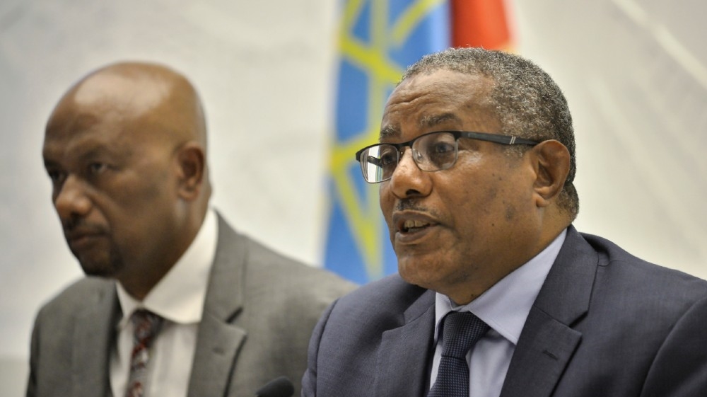 Ethiopian Minister for Foreign Affairs Gedu Andargachew, right, gives a news conference jointly with Ethiopia’s Minister of Water, Irrigation and Energy Seleshi Bekele where they accused the US of being ;undiplomatic’ in its push to resolve a dispute over a giant dam on the Nile River