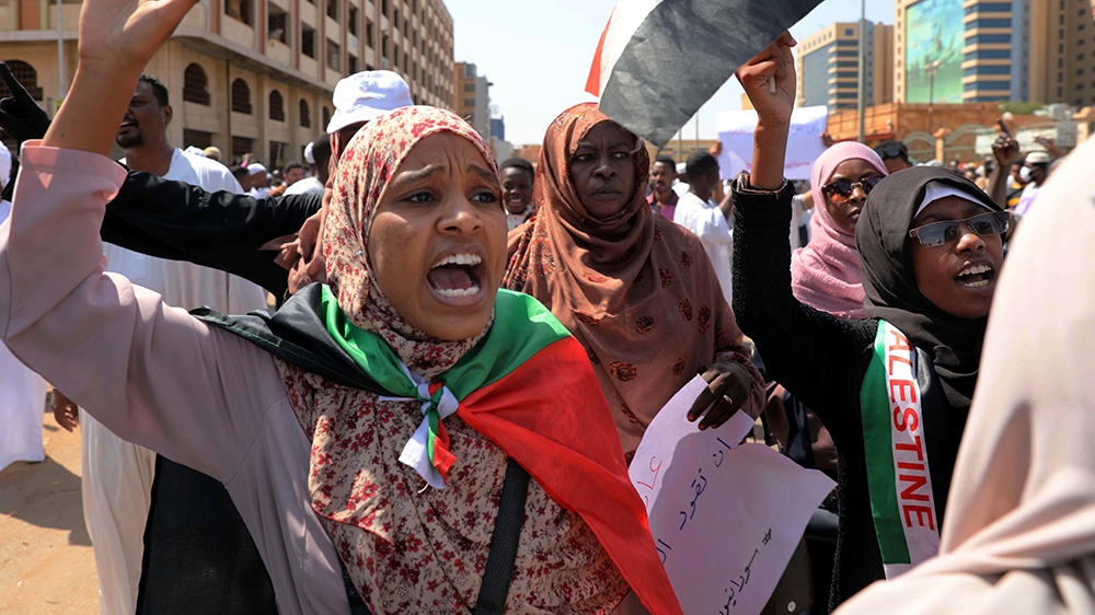 Women chant slogans to protest against al-Burhan’s decision to meet Israel’s prime minister in a move towards normalising relations, in Khartoum, Sudan on February 7, 2020