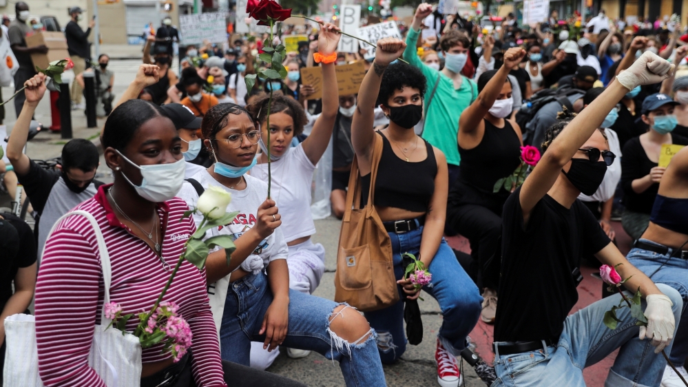 Demonstrators protest against the death in Minneapolis police custody of George Floyd, in New York City
