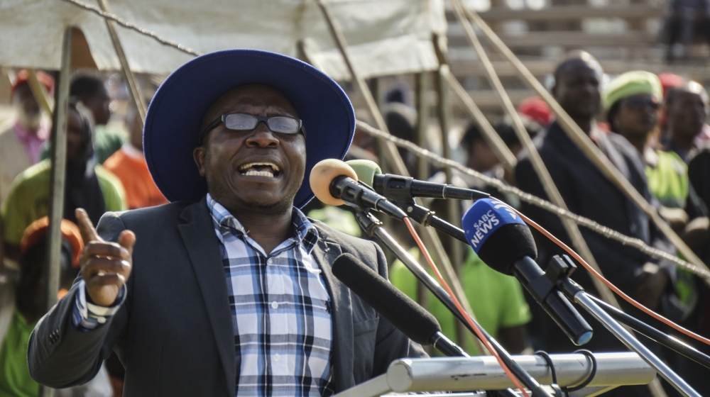 Transform Zimbabwe leader Jacob Ngarivhume gestures as he addresses a Movement for Democratic Change (MDC) Alliance launch rally at White City Stadium in Bulawayo on September 2, 2017. ZINYANGE AUNTON