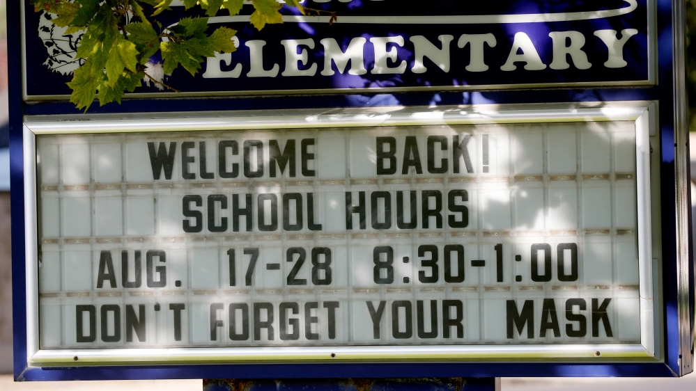 Liberty Elementary School sign welcoming students back on the first day of class in Murray, Utah