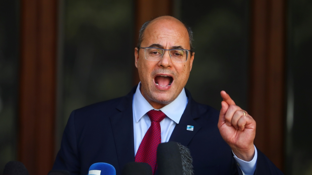 Rio de Janeiro Governor Wilson Witzel gestures as he speaks to the media at Laranjeiras Palace in Rio de Janeiro, Brazil