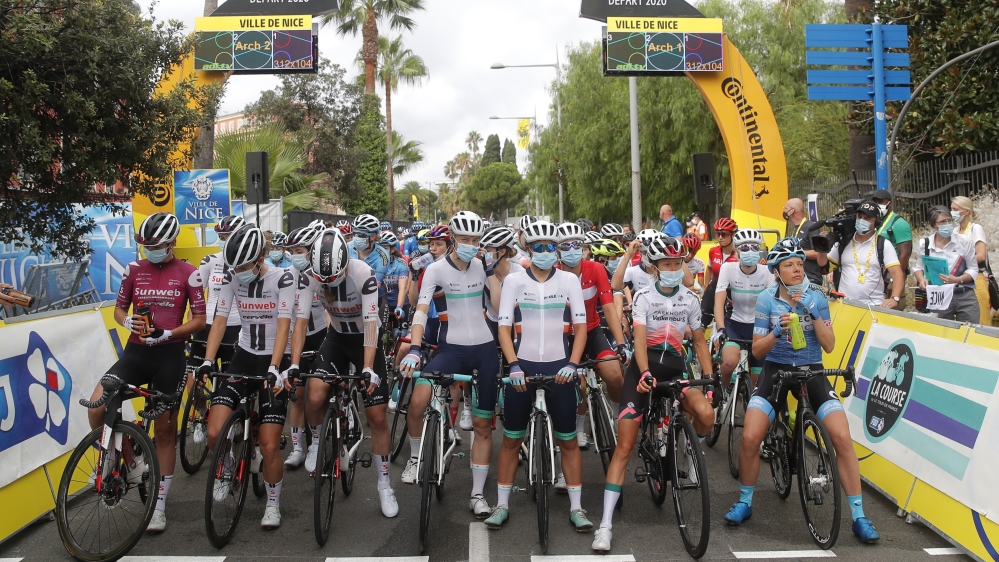 Riders line up before the start