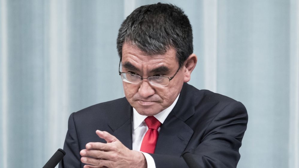 Japan’s Minister of Defense Taro Kono speaks during a news conference at the prime minister’s official residence in Tokyo