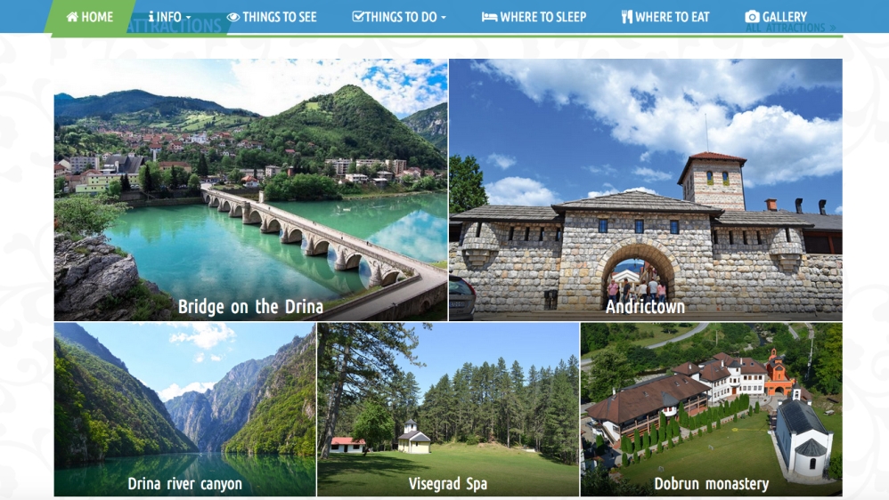 A screenshot shows sites promoted on the website of Visegrad’s tourist organisation including the Visegrad Spa, formerly used as a rape camp [Al Jazeera]
