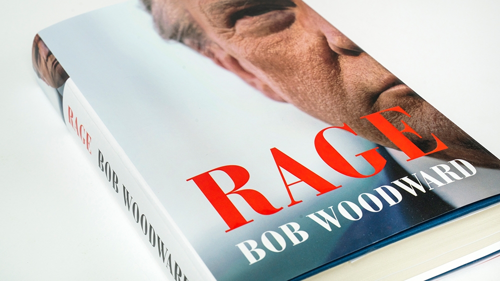 epa08659228 Washington Post Associate Editor Bob Woodward''s new book ''Rage'' sits on a table in Washington, DC, USA, 10 September 2020. Woodward compiled nine hours of recorded conversation with Presid