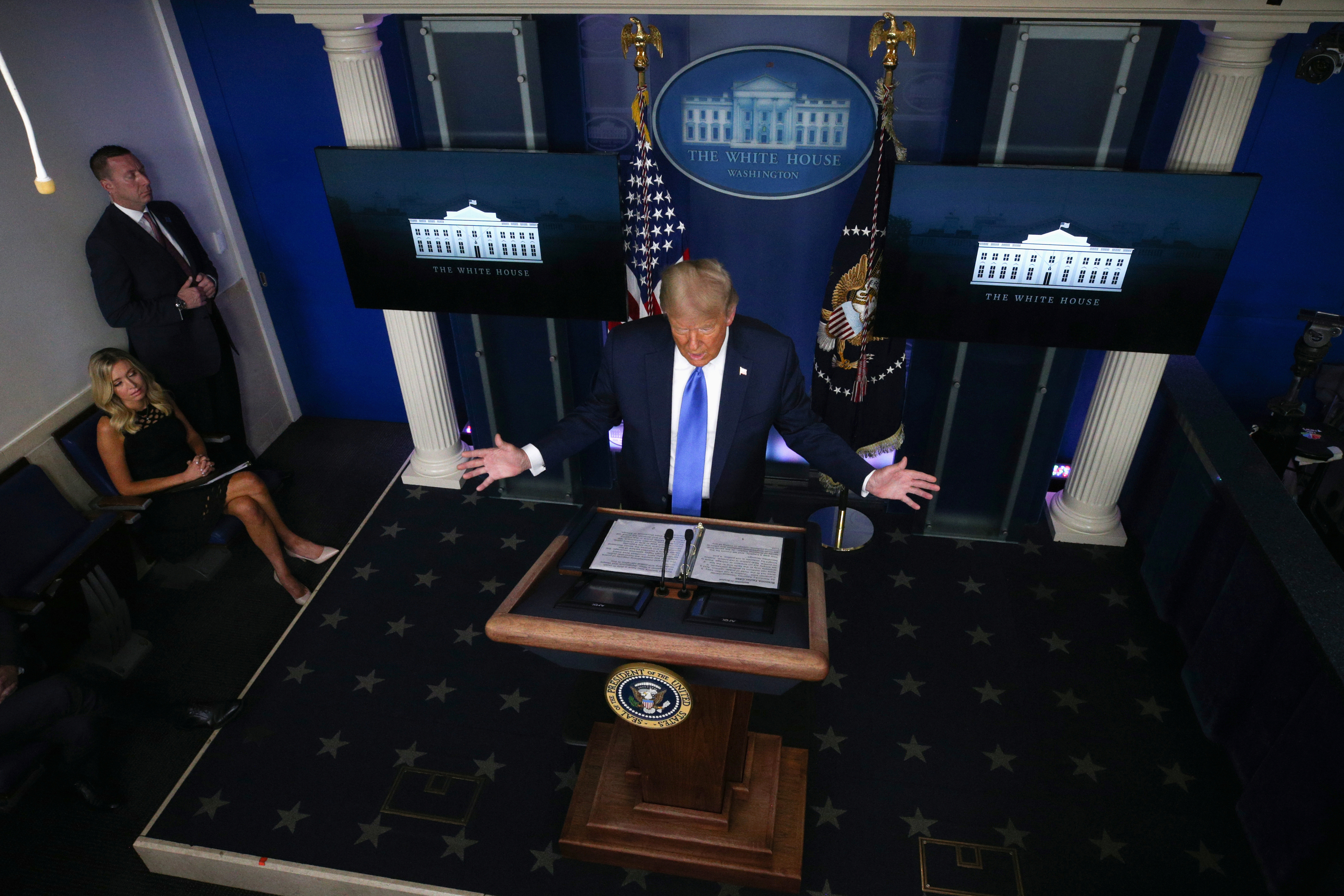 President Donald Trump speaking to reporters during a news conference at the White House, refuses to commit to peaceful transfer of power if he loses the election in November.