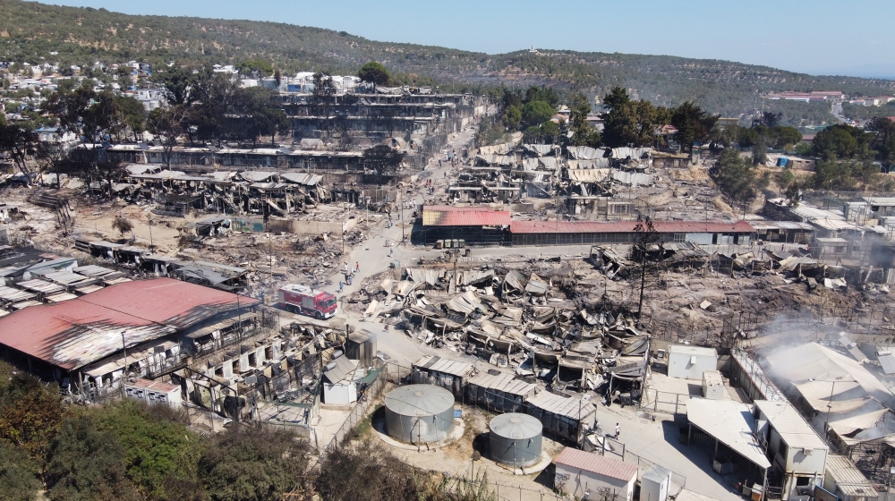 An aerial view of destroyed shelters following a fire at the Moria camp for refugees and migrants on the Island of Lesbos, Greece September 9, 2020. Picture taken with a drone. REUTERS/Alkis Konstanti