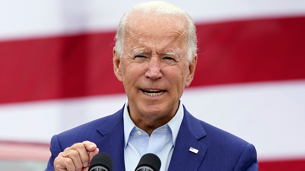 Democratic presidential candidate former Vice President Joe Biden speaks during a campaign event on manufacturing and buying American-made products at UAW Region 1 headquarters in Warren, Mich., Wedne