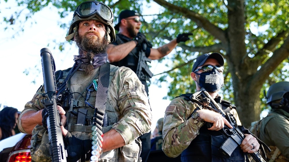 Far-right activists and self-described militia rallied in a park in Louisville, Kentucky, on the day of the Kentucky Derby horse race