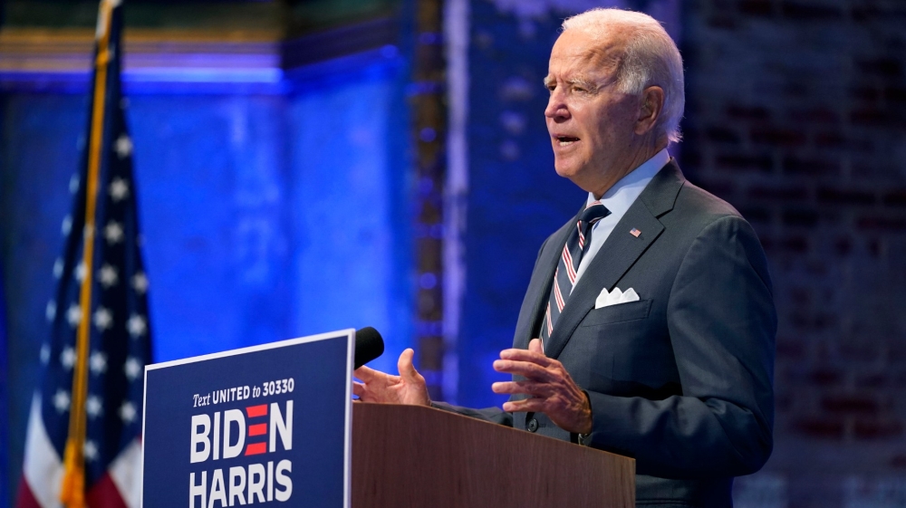 Democratic presidential candidate former Vice President Joe Biden speaks after participating in a coronavirus vaccine briefing with public health experts