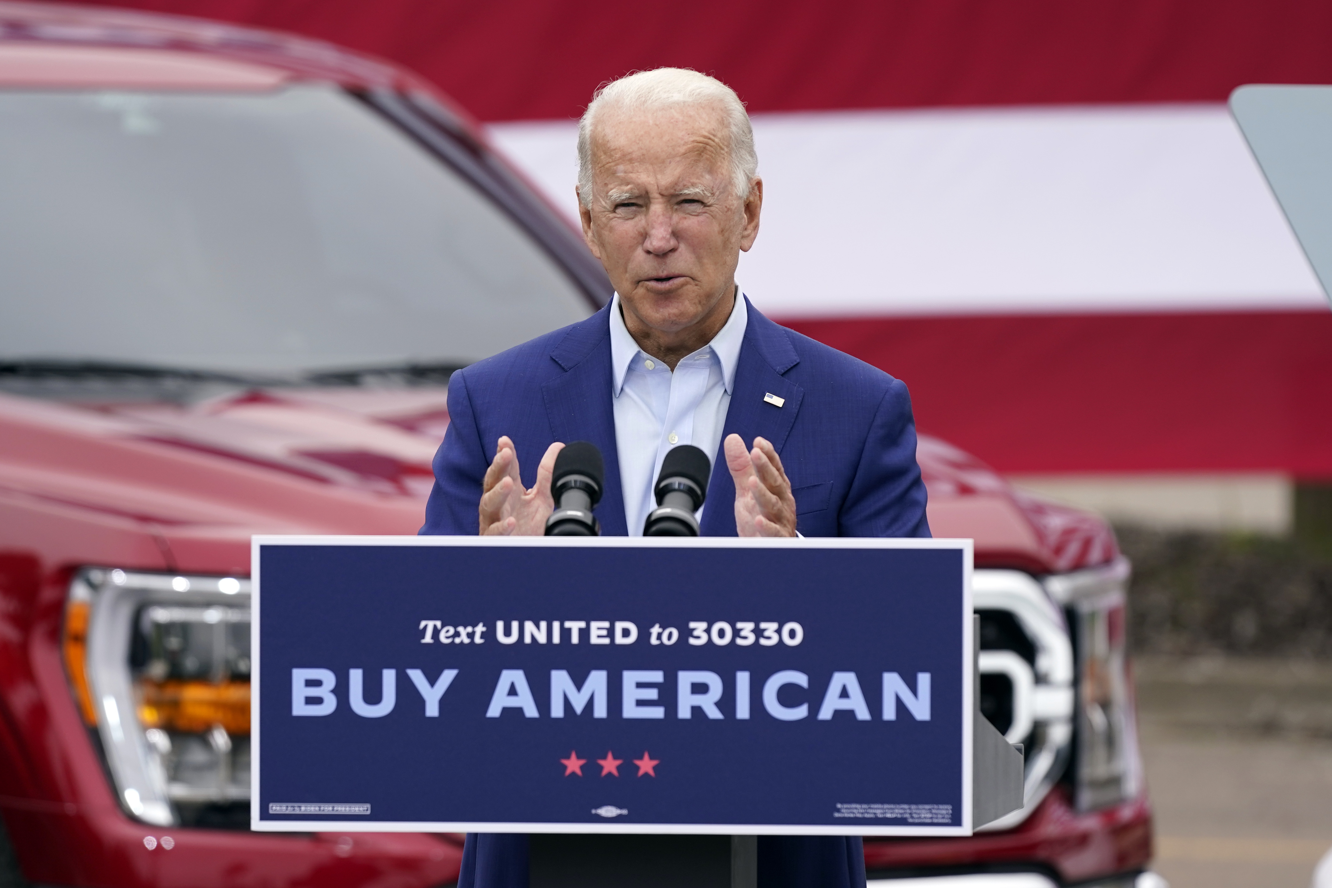 Democratic presidential candidate former Vice President Joe Biden speaks during a campaign event on manufacturing and buying American-made products at UAW Region 1 headquarters in Warren, Michigan