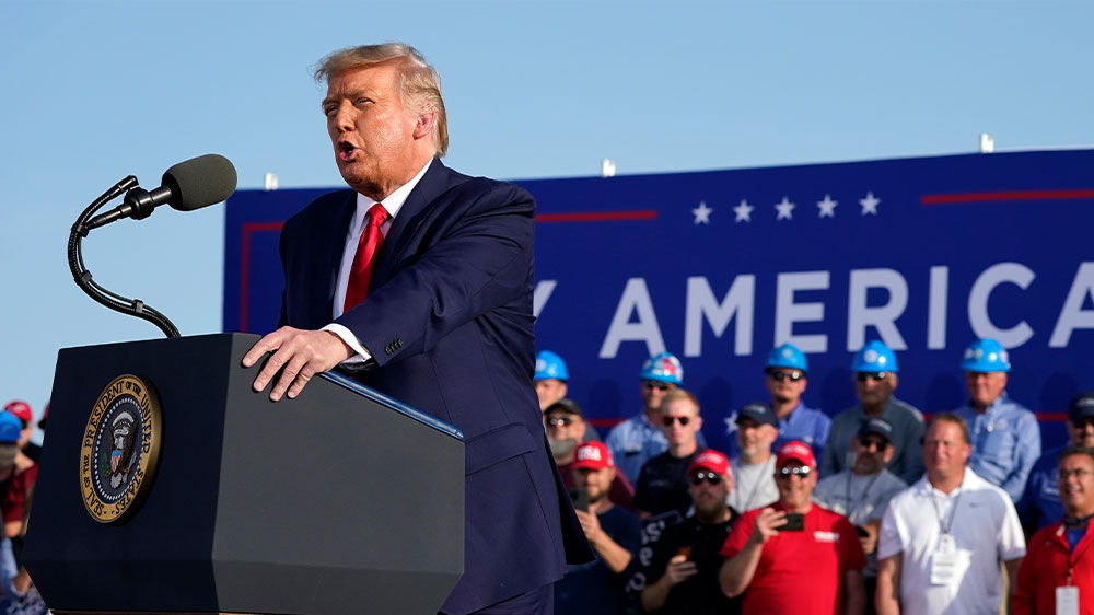 President Donald Trump speaks during a campaign rally at Dayton International Airport in Dayton, Ohio