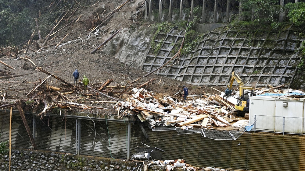 A landslide site caused by Typhoon Haishen as it passed through southwestern Japan. Local media reported four people missing in Shiiba Town in Miyazaki prefecture