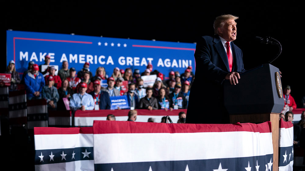 President Donald Trump speaks during a campaign rally at Central Wisconsin Airport on Thursday in Mosinee, Wisconsin.
