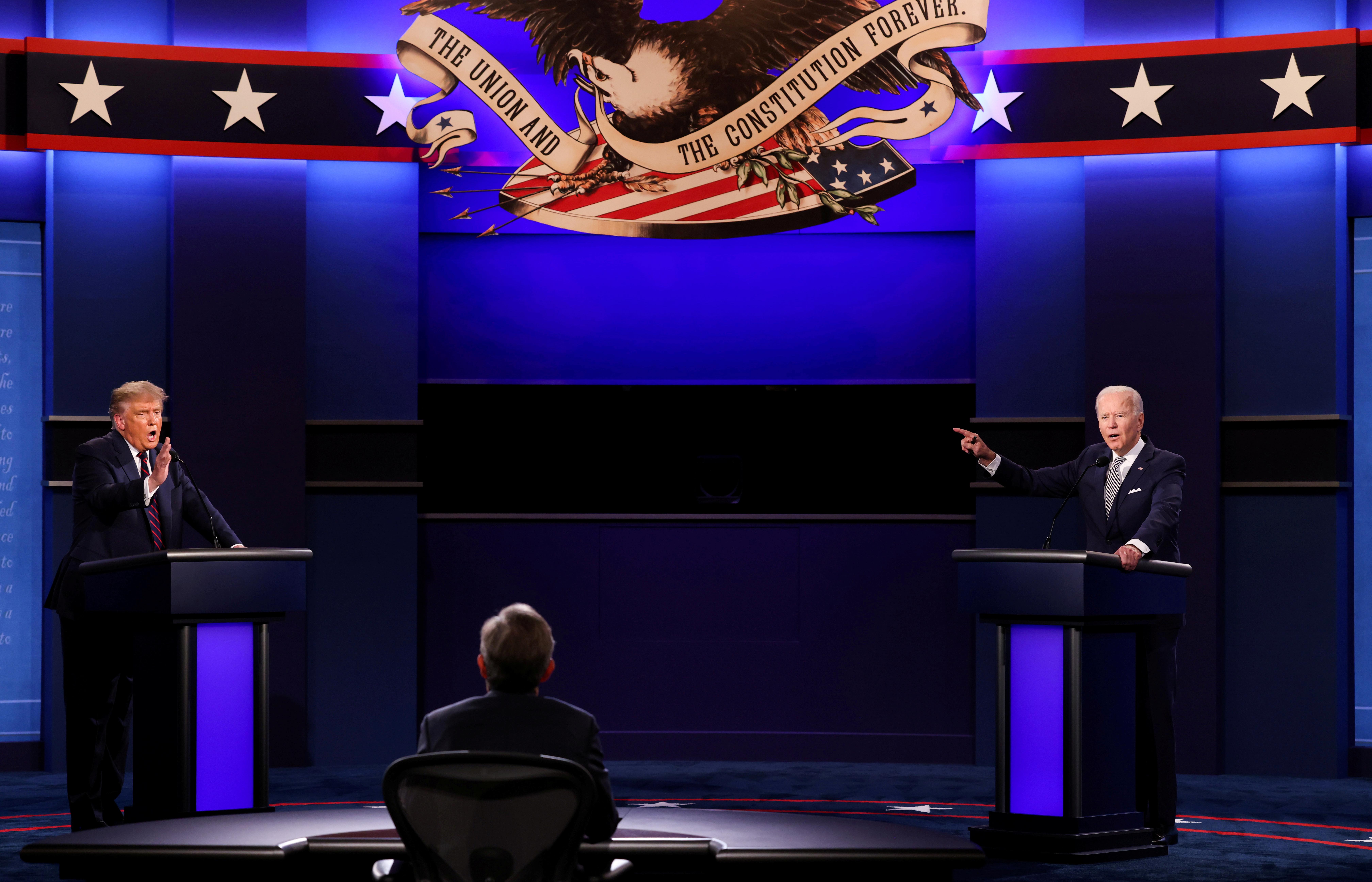 President Donald Trump and Democratic presidential nominee Joe Biden participate in their first 2020 presidential campaign debate held on the campus of the Cleveland Clinic at Case Western Reserve University in Cleveland, Ohio, US