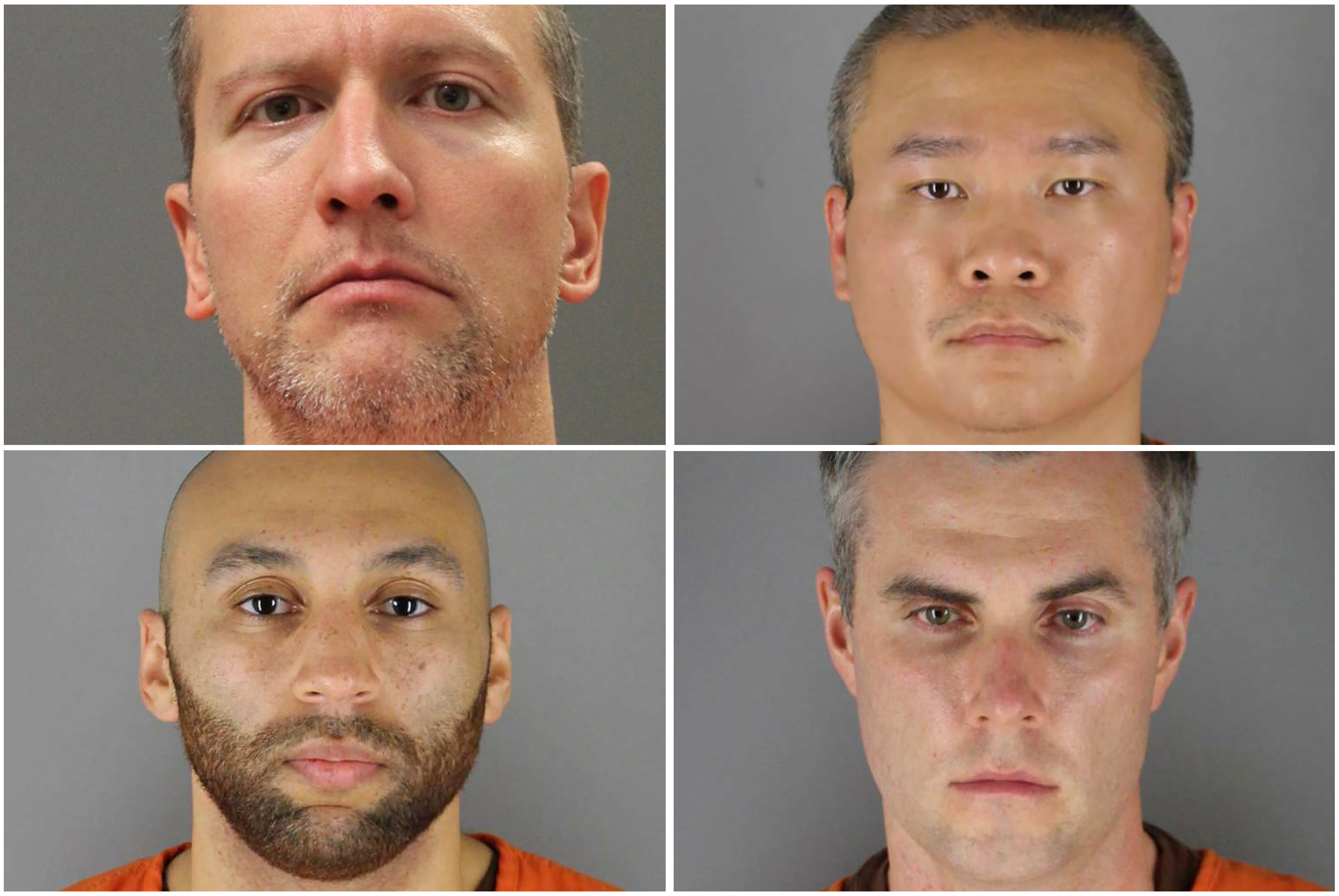 Former Minneapolis police officers, clockwise from top left, Derek Chauvin, Tou Thao, Thomas Lane and J Alexander Kueng, in a combination of booking photos