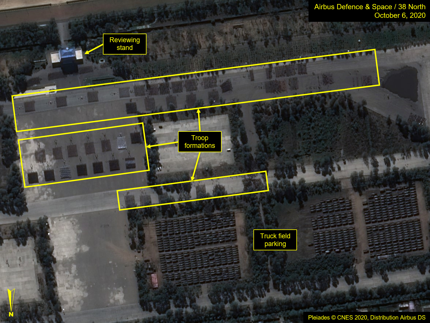 An annotated satellite image shows the Mirim Parade Training Ground and troop formations practising at a replica of Kim Il Sung Square ahead of the 75th founding anniversary of the ruling Workers’ Party in Pyongyang
