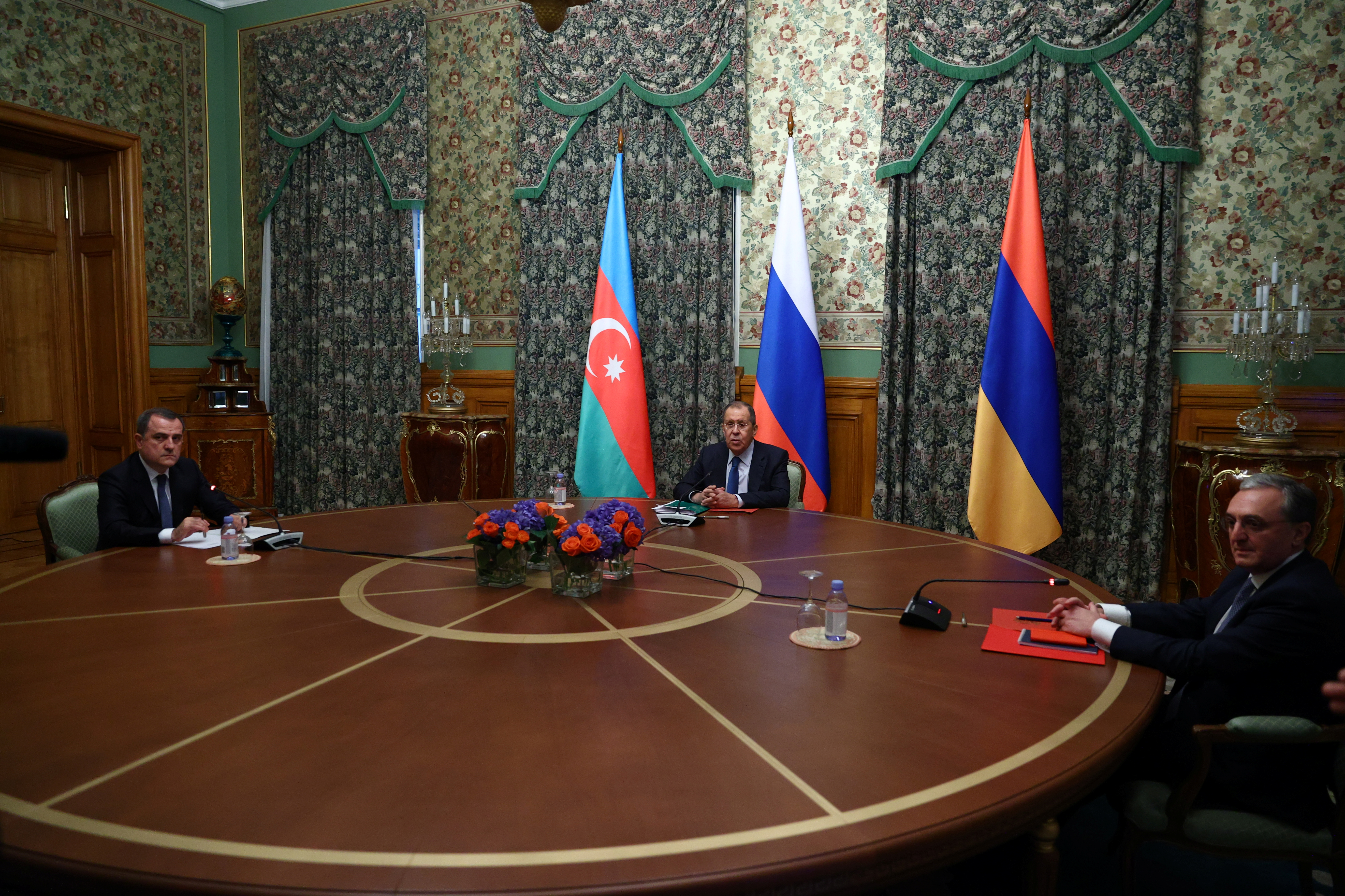Russian Foreign Minister Sergei Lavrov (centre), Azeri Foreign Minister Jeyhun Bayramov (left) and Armenian Foreign Minister Zohrab Mnatsakanyan attend a meeting in Moscow, Russia October 9, 2020