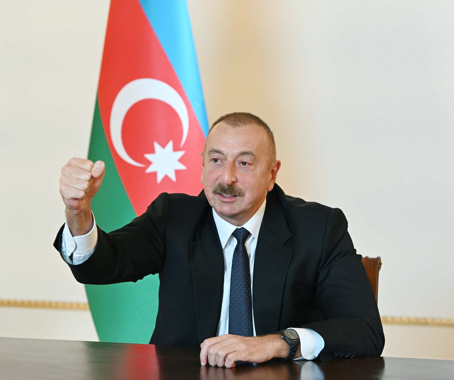 Azerbaijan’s President Ilham Aliyev speaks during an address to the nation in Baku, Azerbaijan