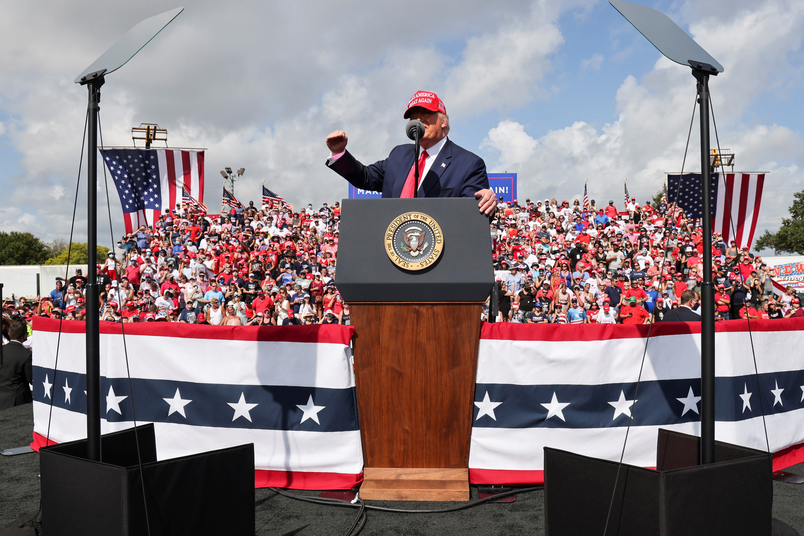 Donald Trump has held several campaign rallies in the final weeks before the November 3 presidential election, claiming that the US is ’rounding the turn’ on the COVID-19 pandemic