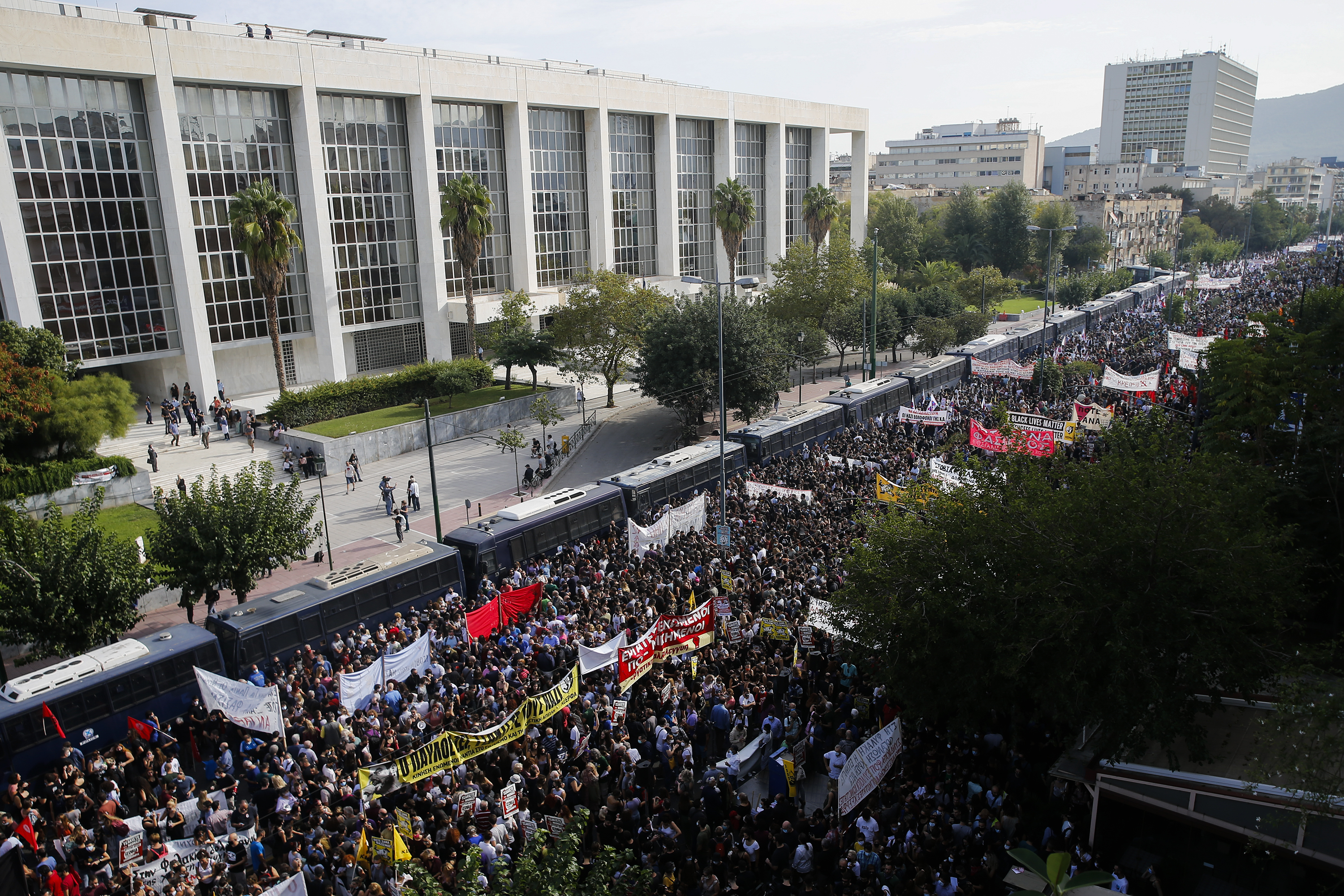Thousands gather outside a Greek court for the decision in the trial of the leaders of the far-right Golden Dawn party in Athens, Greece on October 07, 2020