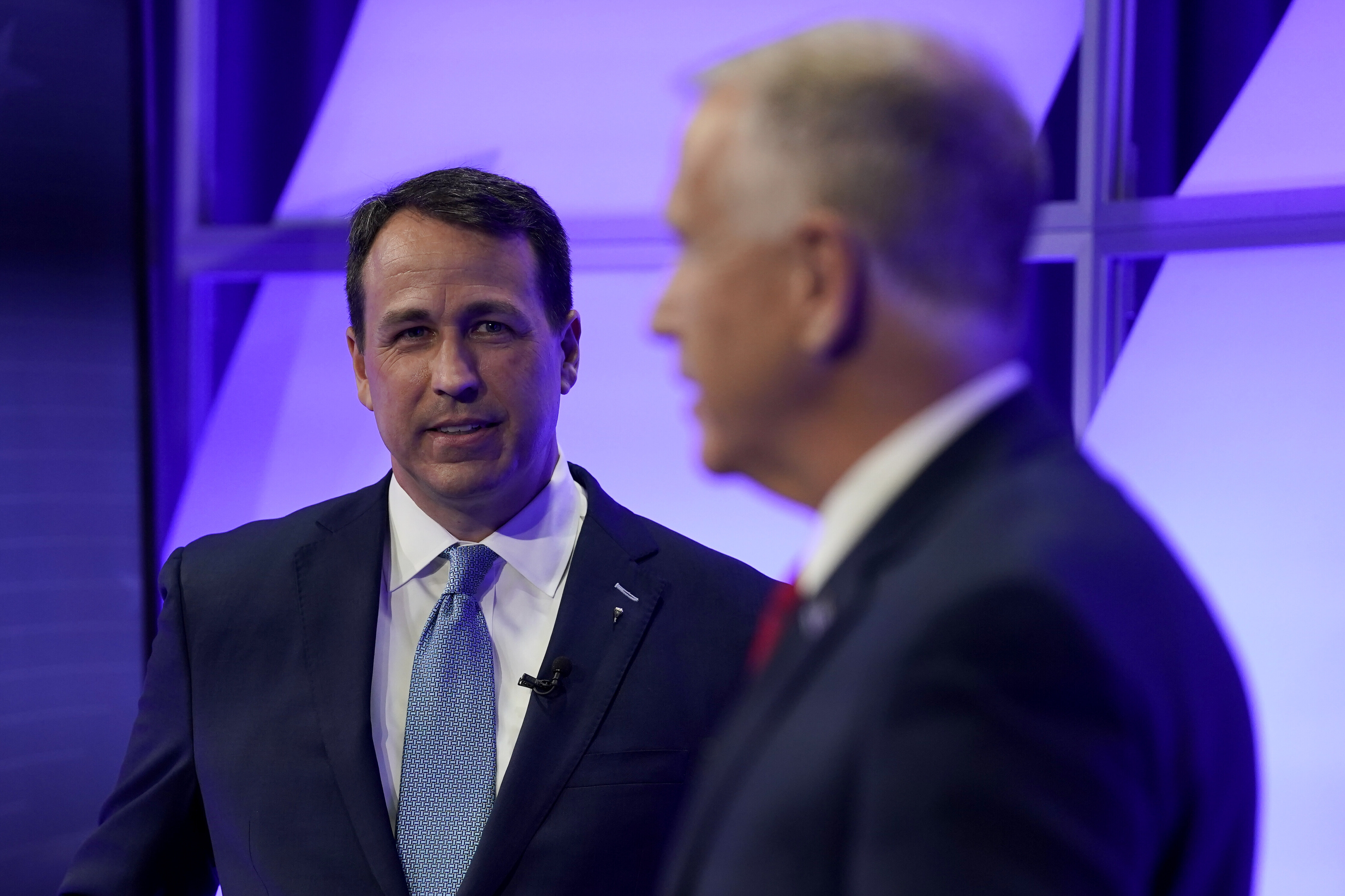Democratic challenger Cal Cunningham, left, and US Senator Thom Tillis, a Republican, engaged in a televised debate on October 1 in Raleigh, North Carolina. Control of the Senate could hinge on the outcome of their contest [Gerry Broome, Pool via AP Photo]