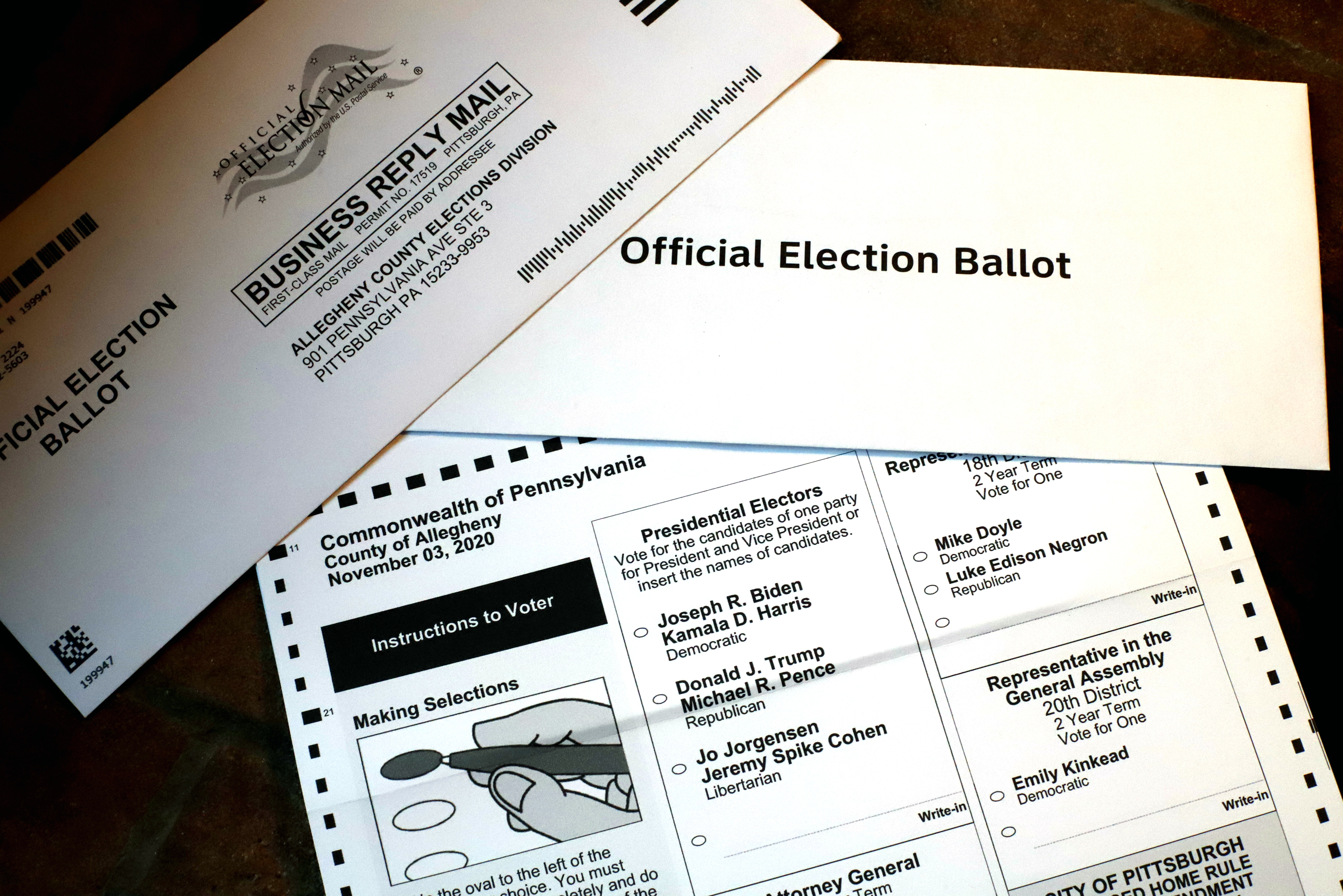 An Allegheny County, Pennsylvania, 2020 mail-in ballot and secrecy envelope