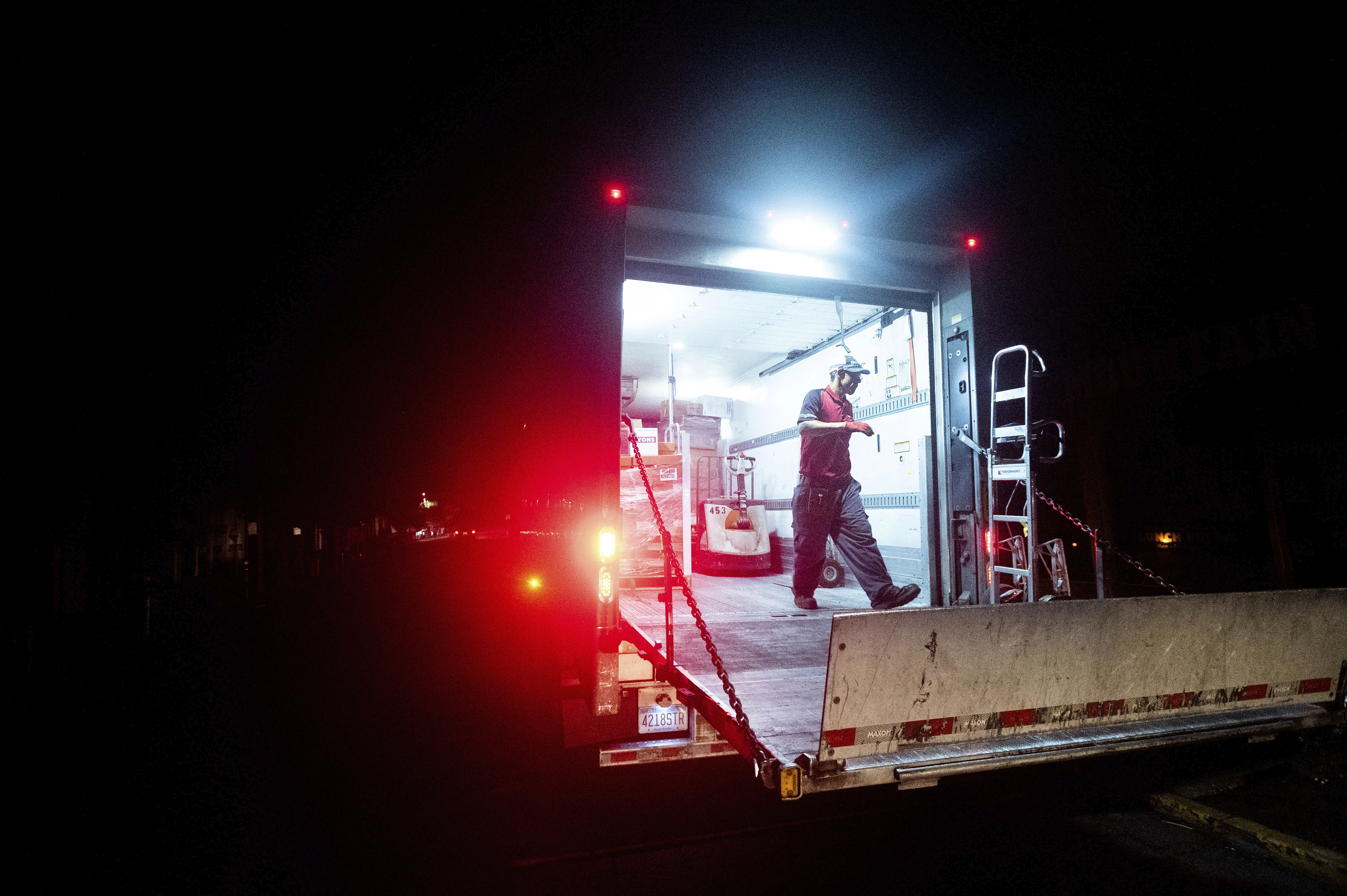 Ray Lopez delivers supplies to Mountain Mike’s Pizza in the Montclair district of Oakland, California, where power is turned off, on Thursday, October 15, 2020. Pacific Gas & Electric has cut power to portions of Northern California hoping to prevent wildfires during hot, windy weather throughout the region
