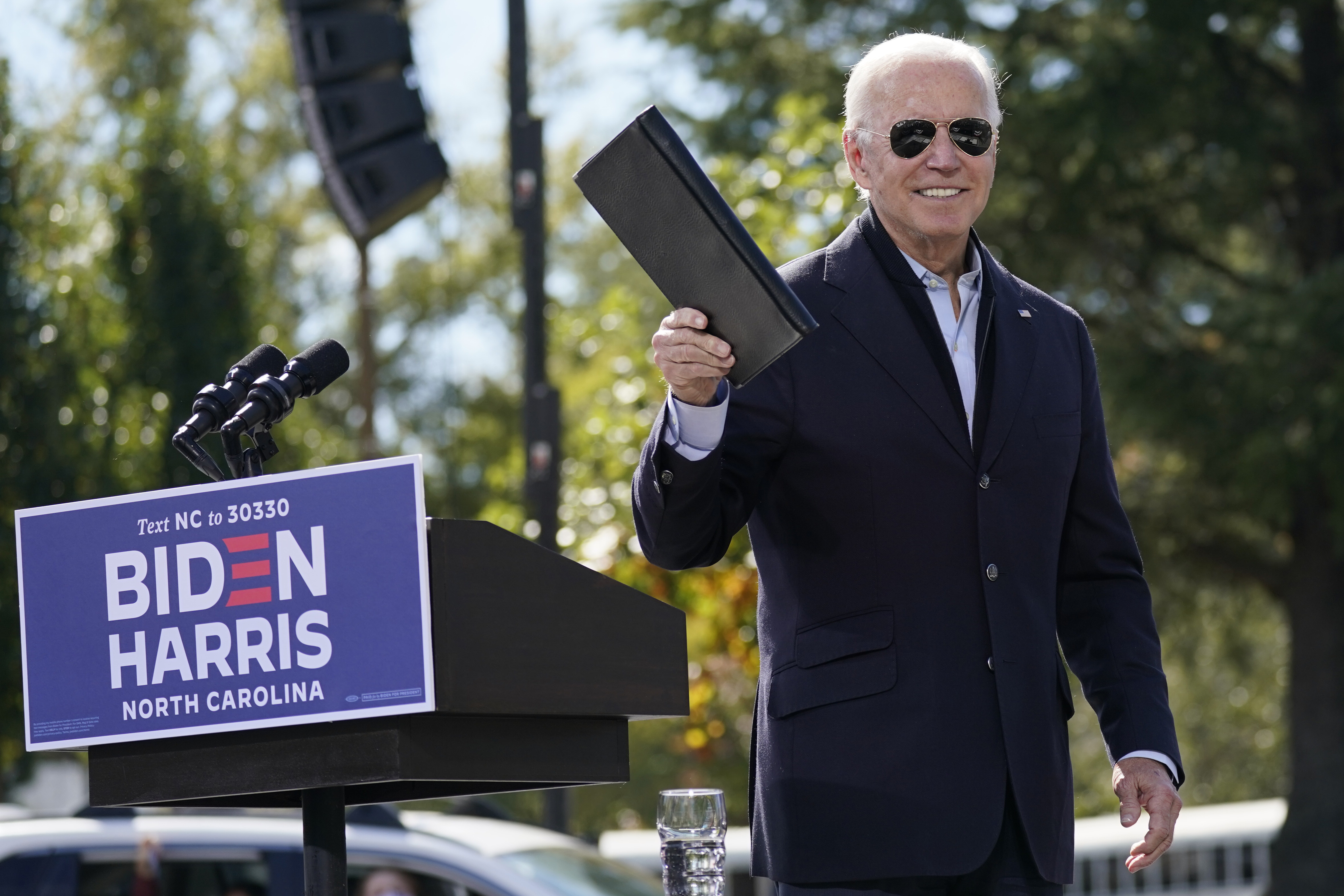 Democratic presidential candidate former Vice President Joe Biden turns from the podium after speaking during a campaign event at Riverside High School in Durham, North Carolina on Sunday