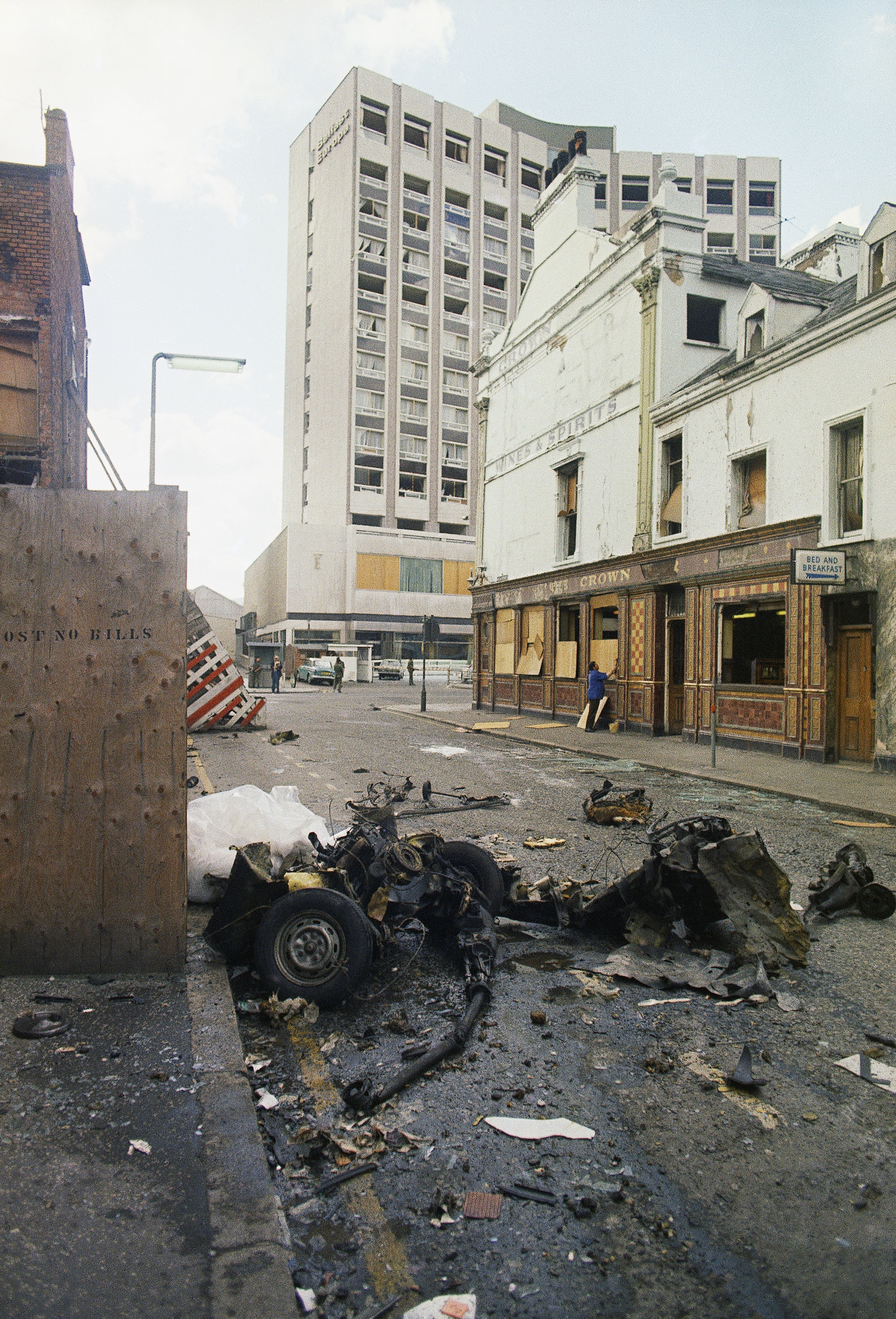 The remains of a car bomb in front of The Europa Hotel in July 1974