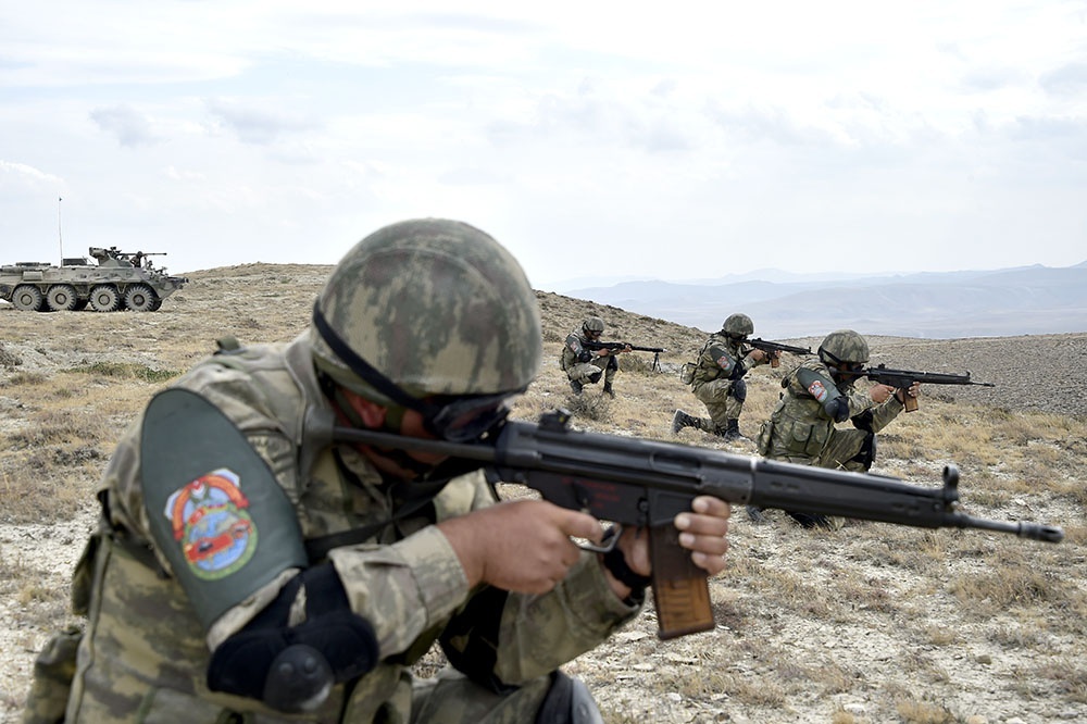 Tanks and armoured vehicles take part in a comprehensive joint military exercise between Turkey and Azerbaijan in Baku, Azerbaijan on August 6, 2020