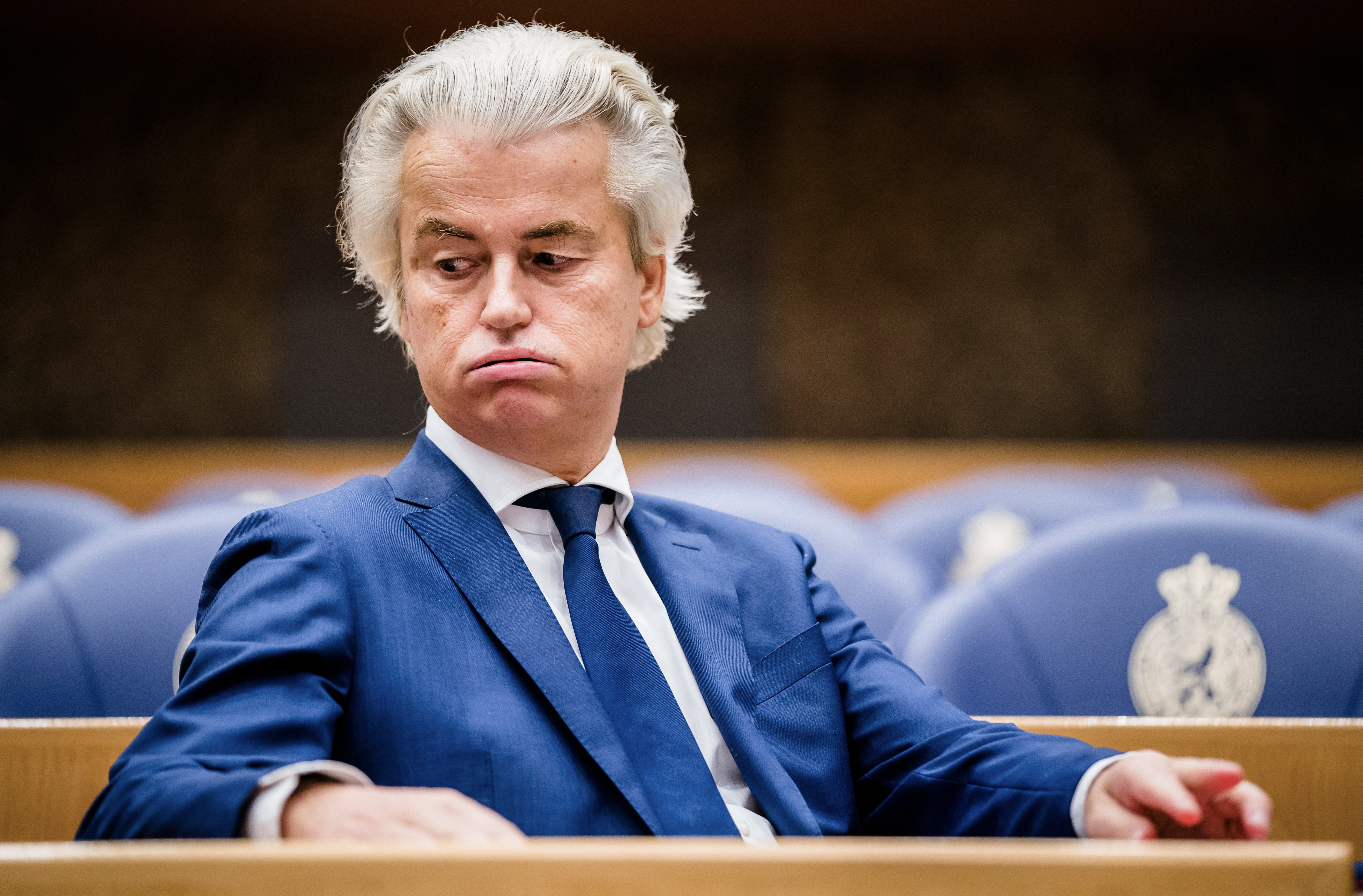 Geert Wilders reacts during a weekly question session at the House of Representatives in The Hague on Tuesday