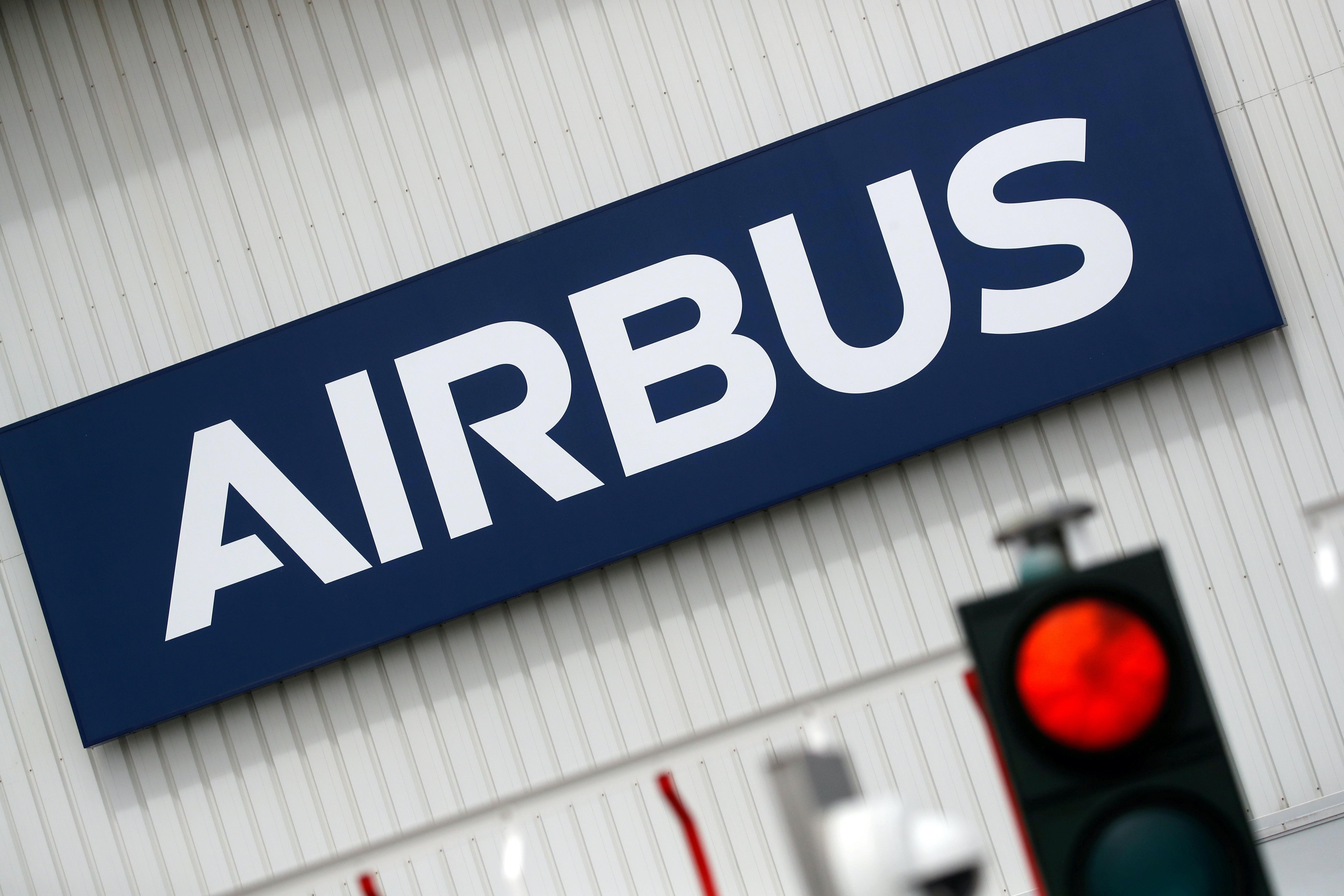 The Airbus logo is pictured at the entrance of the company’s facility in Bouguenais, near Nantes, France