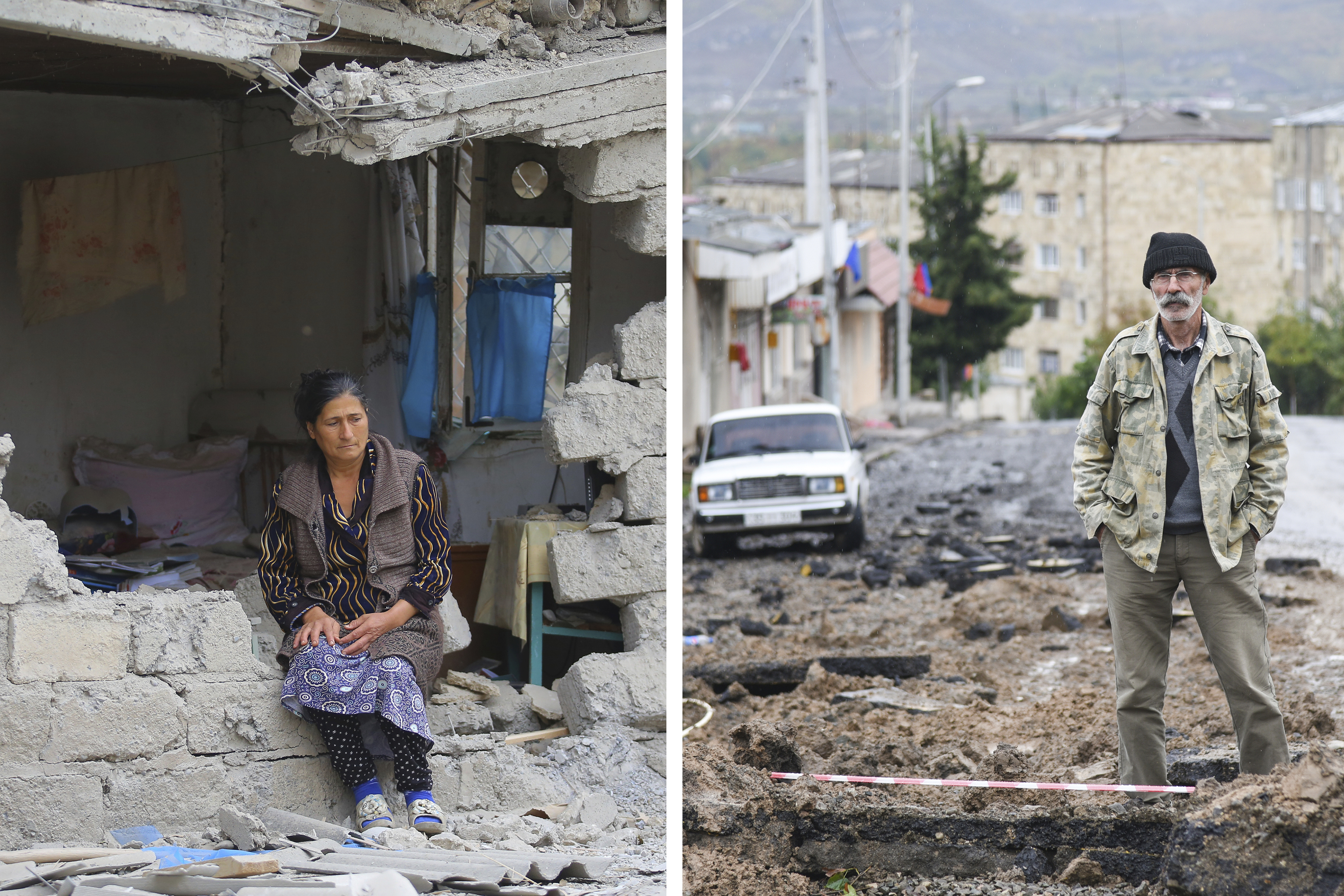 LEFT: A woman sits in ruins of her house after shelling by Armenian’s artillery during fighting over the region of Nagorno-Karabakh, in Terter, Azerbaijan. RIGHT: A man stands in a street damaged by shelling of Azerbaijan’s artillery in Stepanakert, a main city in Nagorno-Karabakh [AP Photo]