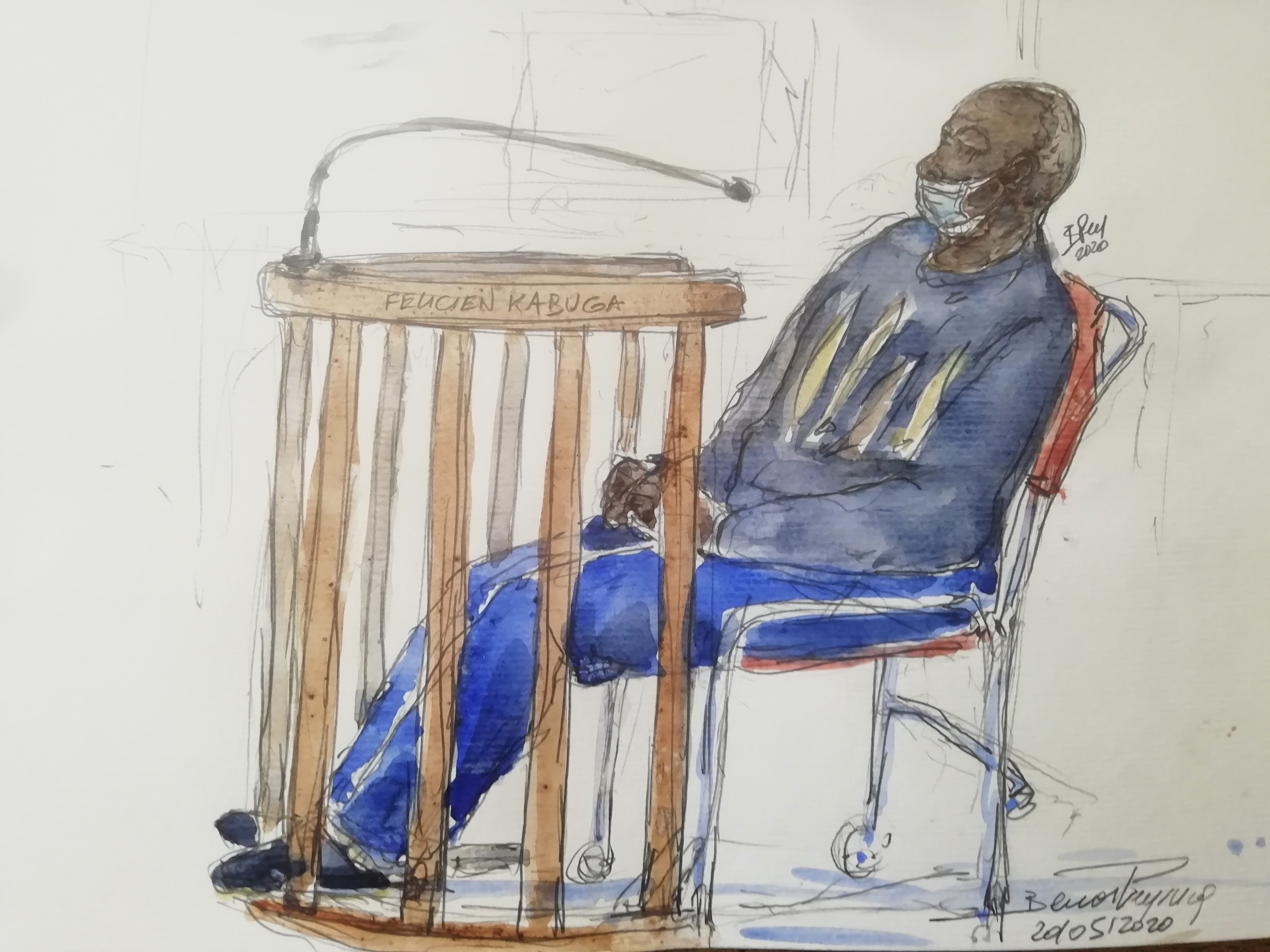 A courtroom sketch made on May 20, 2020, shows Kabuga wearing a protective face mask as he appeared publicly for the first time at the Paris Court of Appeal