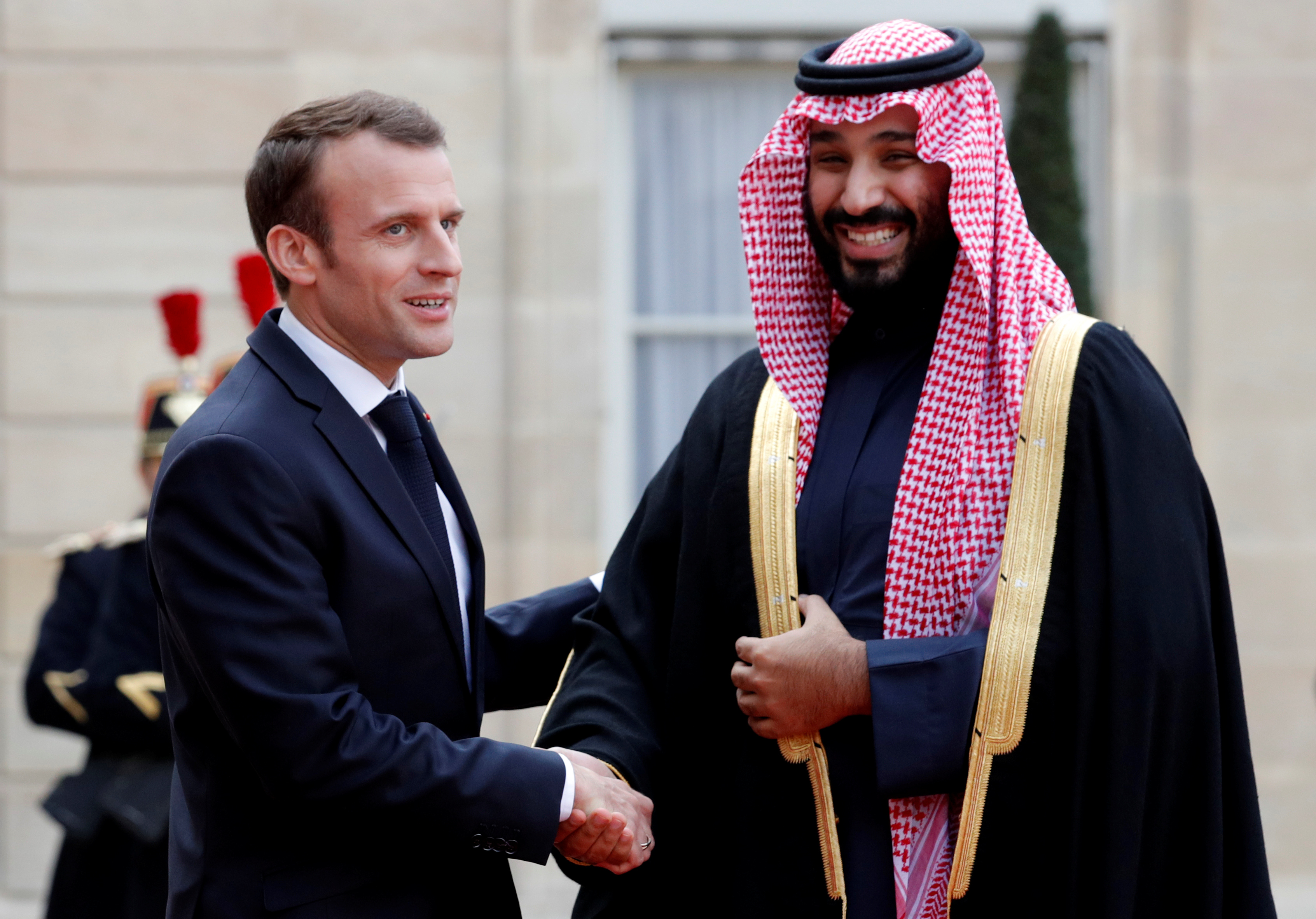 Macron welcomes Saudi Arabia’s Crown Prince Mohammed bin Salman as he arrives at the Elysee Palace in Paris, France, on April 10, 2018