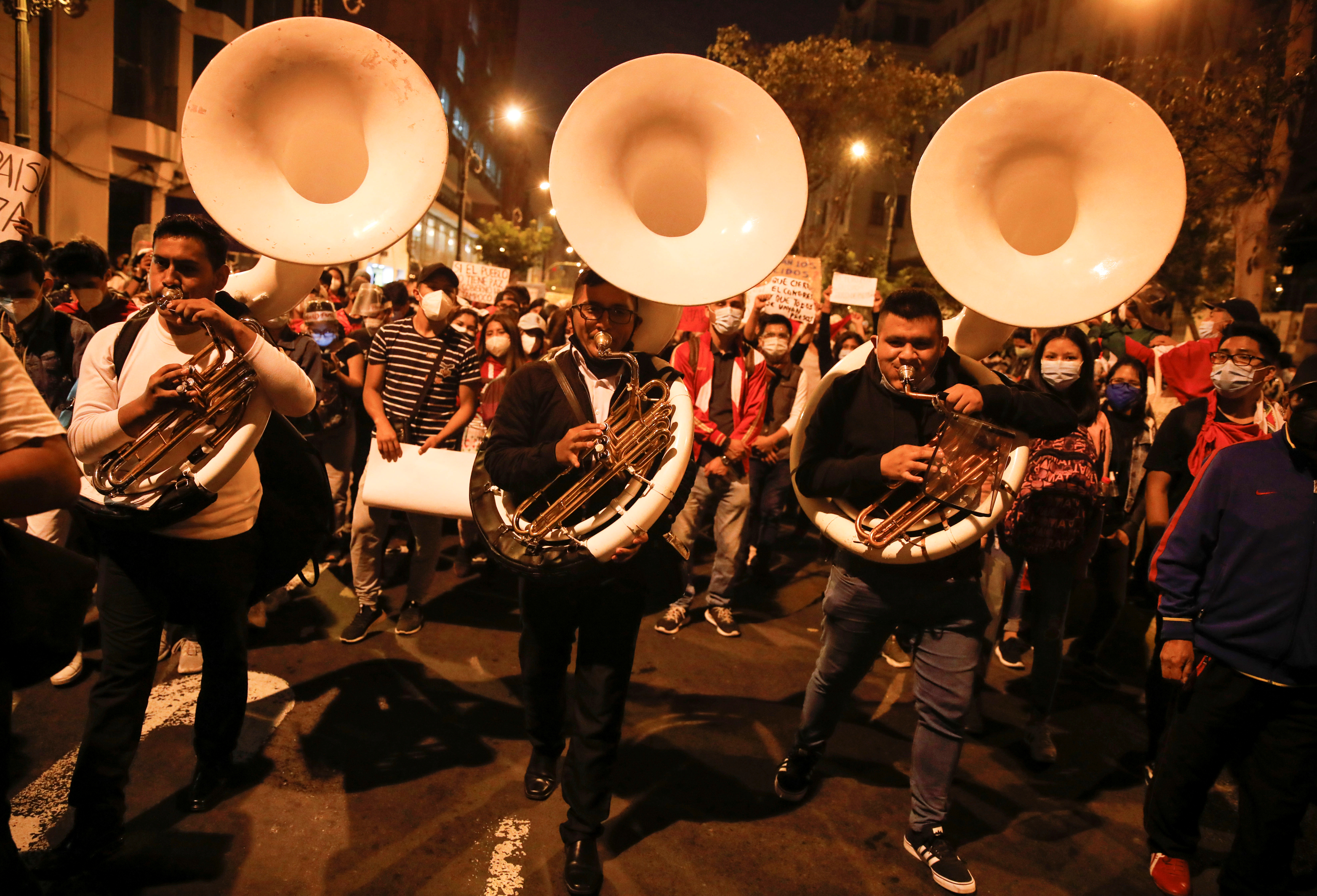 A band plays after Sagasti was elected Peru’s interim president by Congress, in Lima, November 16, 2020