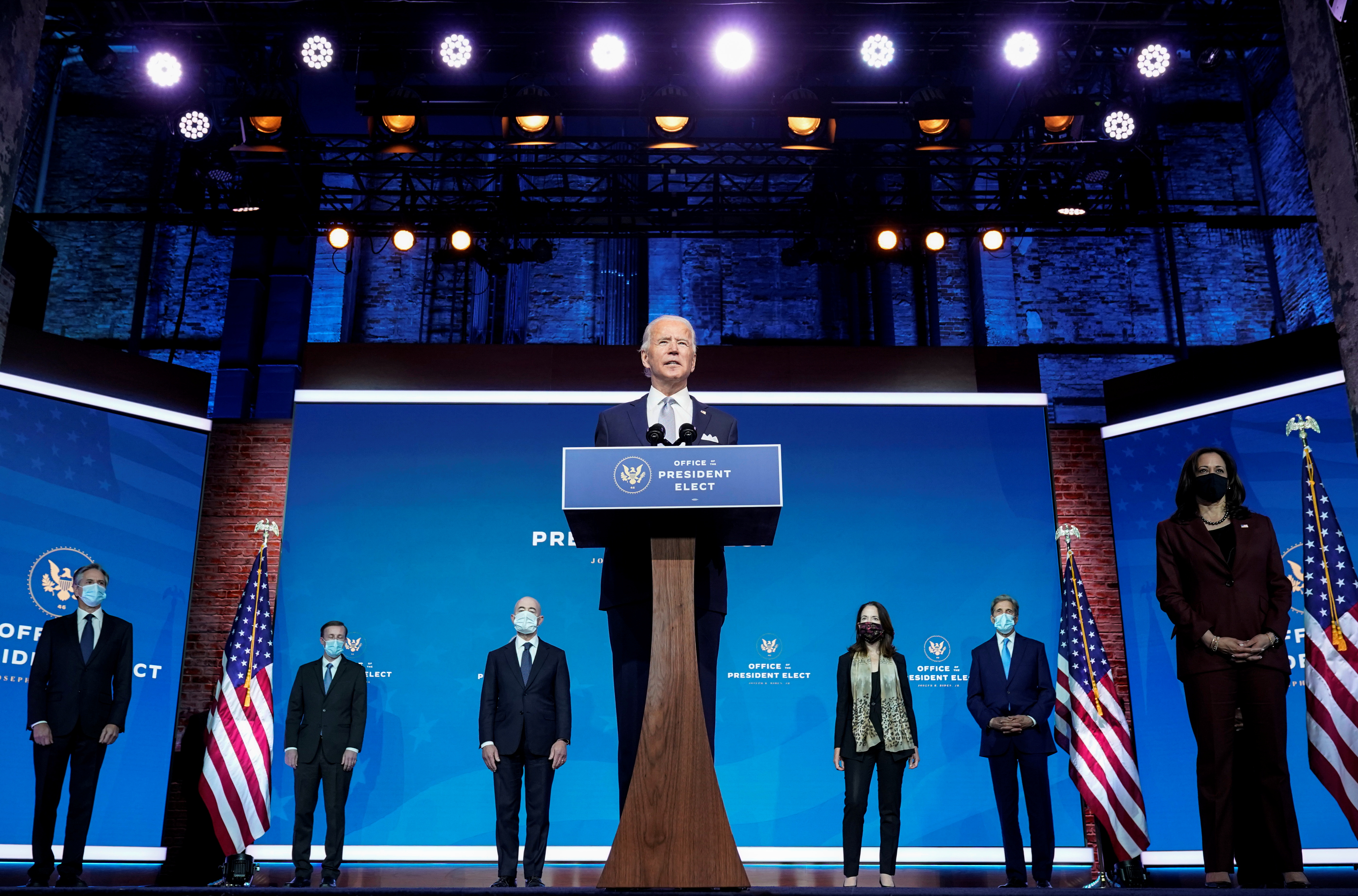 President-elect Joe Biden stands with his nominees for his national security team, a diverse and experienced roster of picks