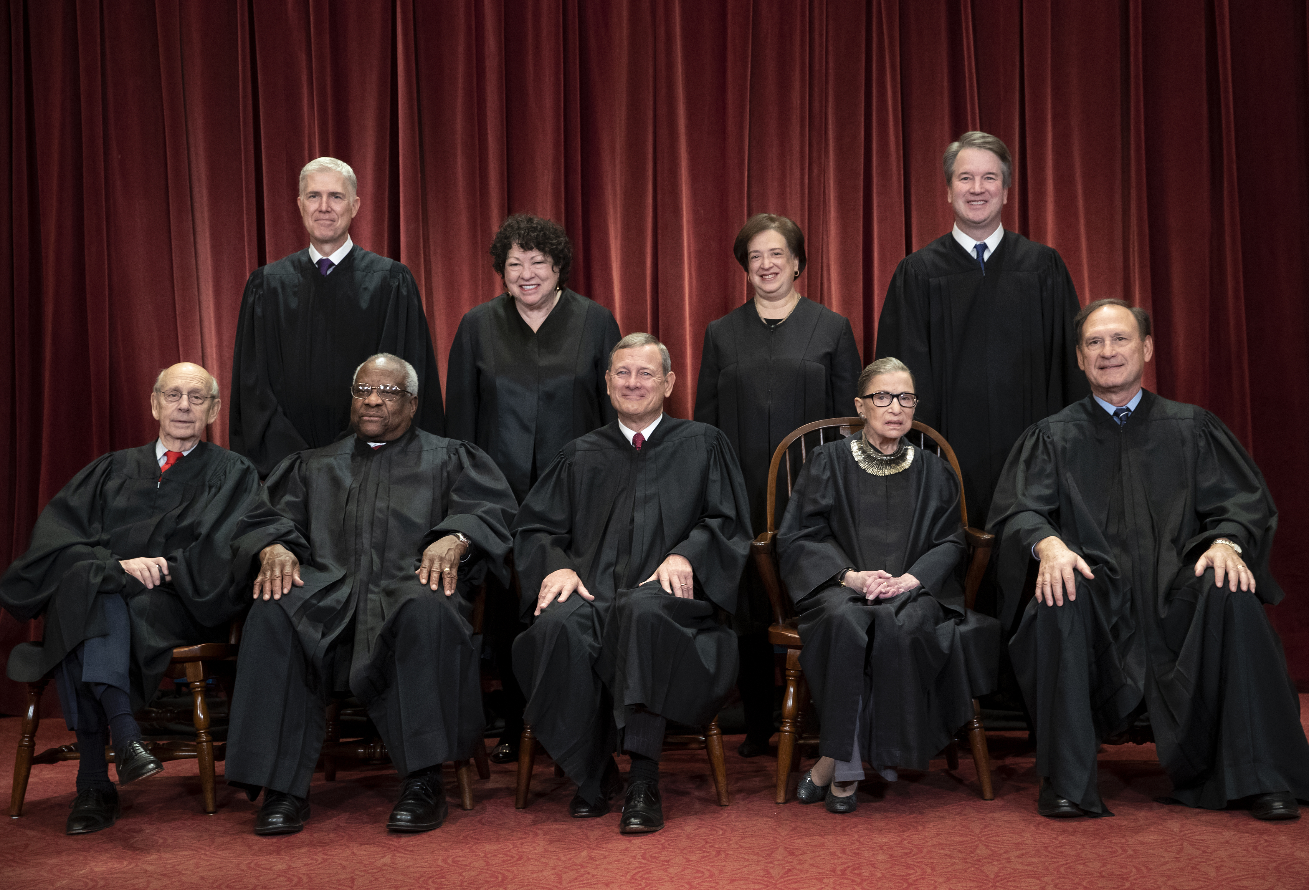 A 2018 group portrait of the justices of the US Supreme Court, including the now-late Ruth Bader Ginsburg who passed away in September 2020. Amy Coney Barrett was confirmed as her replacement in October, bolstering the conservatives on the bench